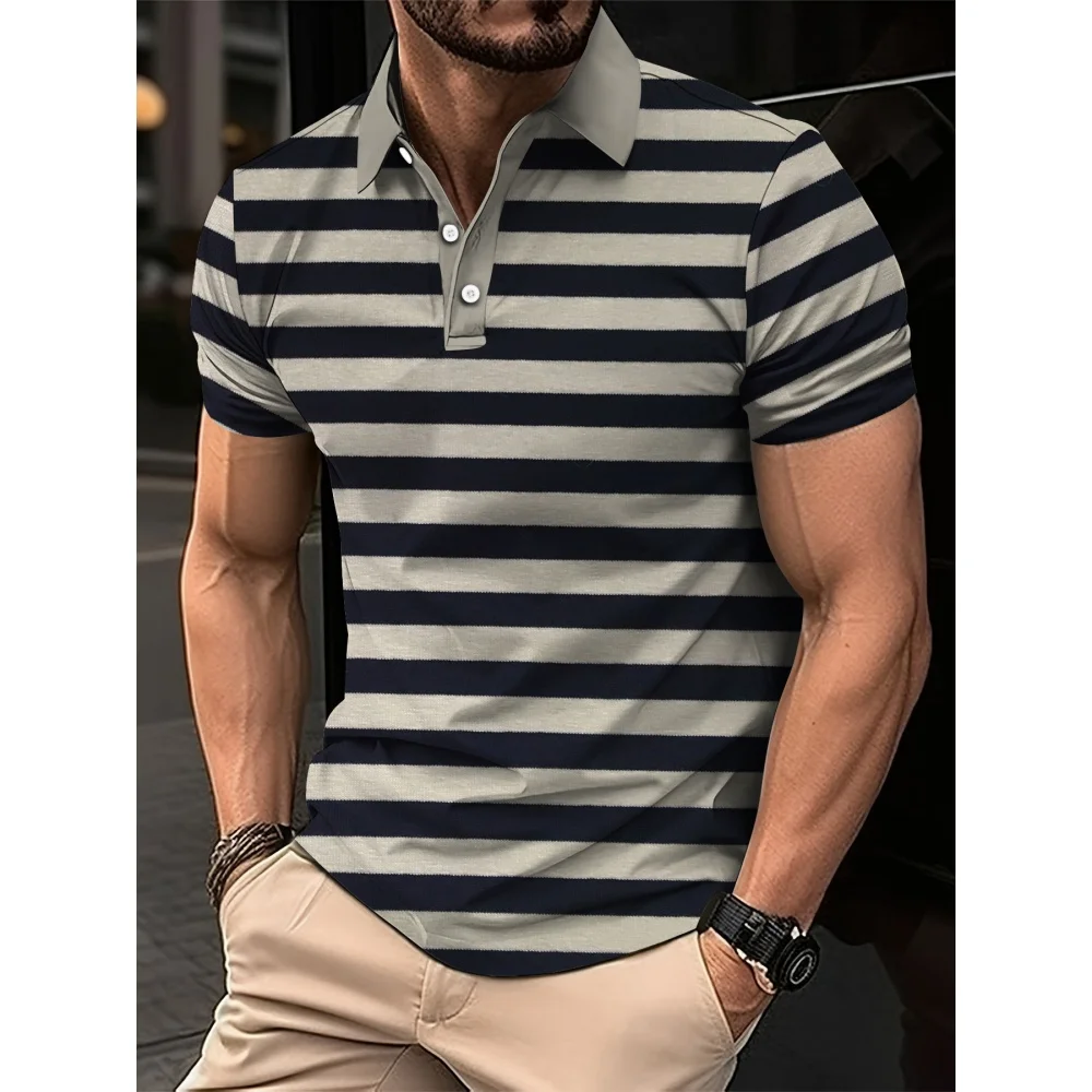 

Men's Short Sleeved Tee Collared 3D Printed Striped Polo Shirt Breathable Men Summer Top Loose Fitting Fashion Men's Polo Shirt