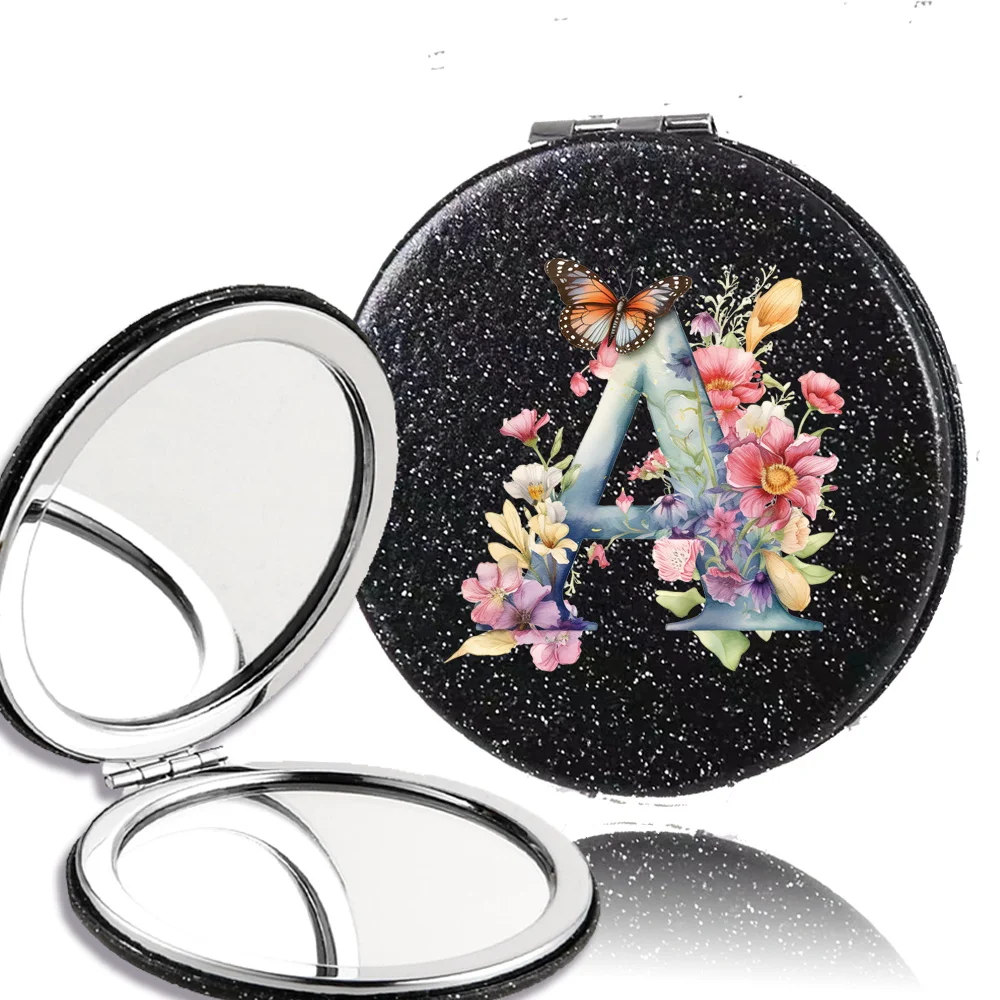 Tragbarer Reise-Make-up-Spiegel, Metallrahmen, faltbar, kleiner runder Spiegel, Taschen-Make-up-Vergrößerungswerkzeug, Schmetterlings-Buchstabenmuster