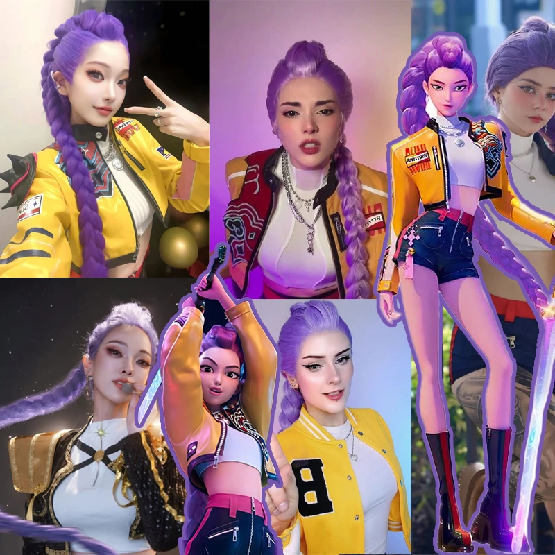 KPop شيطان الصيادين رومي شعر مستعار تأثيري شعر مستعار الأرجواني مع مشبك مخلب طويل مضفر ذيل حصان للنساء الفتيات هالوين عيد الميلاد تأثيري #6