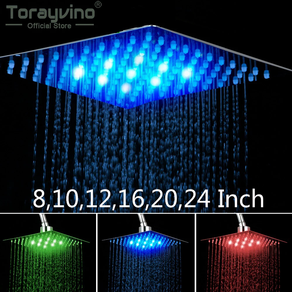 Torayvino 8 / 10 /12 / 16 /20 / 24 Inch Bathroom Shower Head Chrome LED Square Rainfall Wall Ceiling Mount 3 Color Changing Head