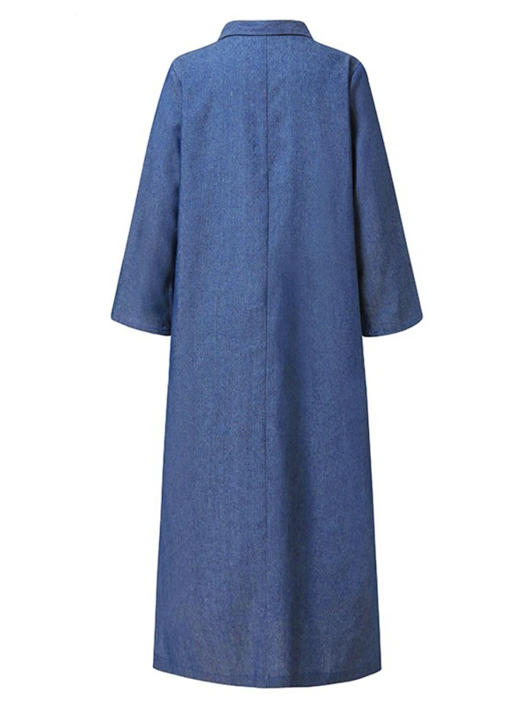 女性のレトロなロングデニムドレス,ストレートスリーブ,ラペルポケット,ロング,ハーフオープン,新しいファッション,エレガント