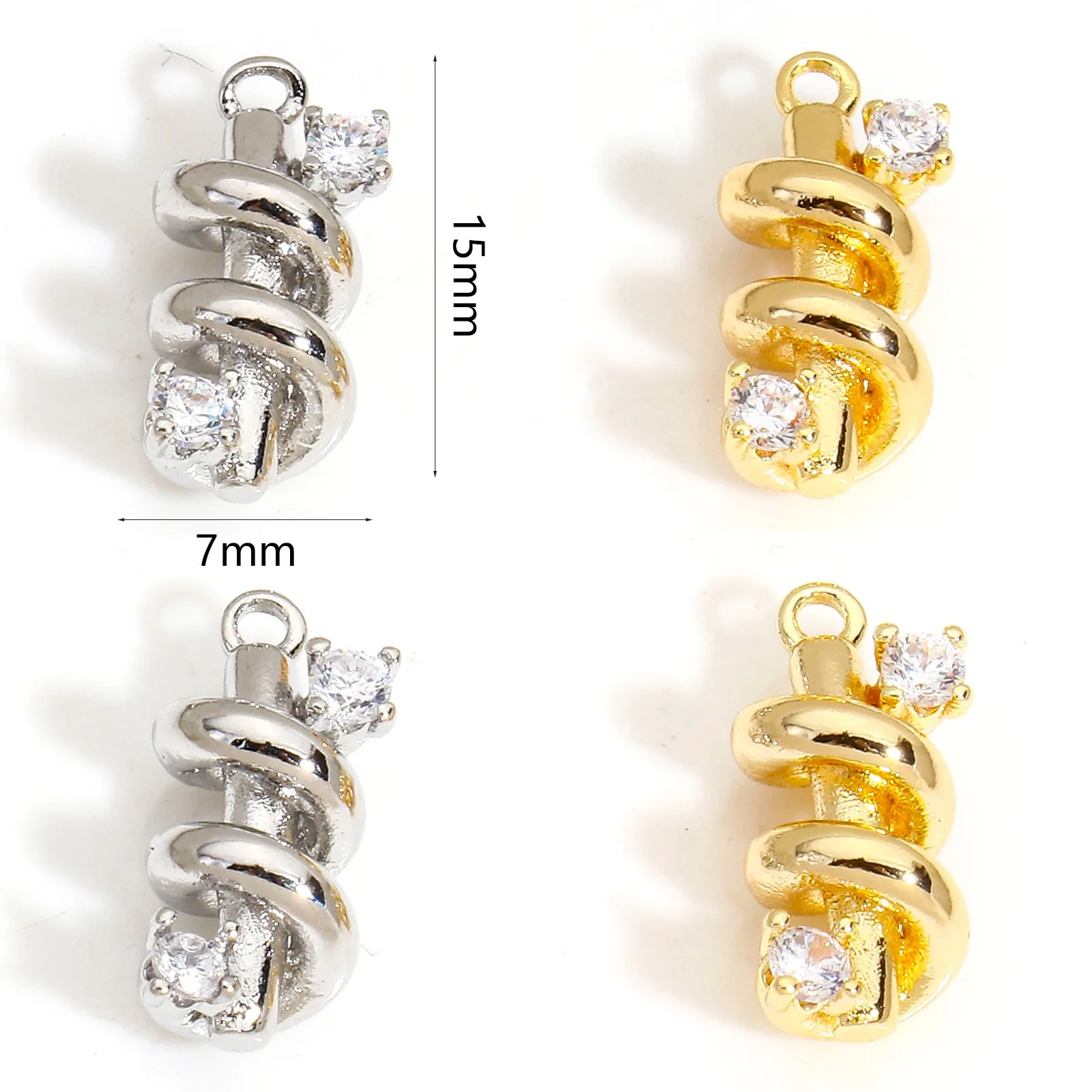 2pcs New Brass Charms Gold Color Spiral Clear Cubic Zirconia Pendant DIY Necklace Earrings For Women Jewelry Findings 15mm x 7mm