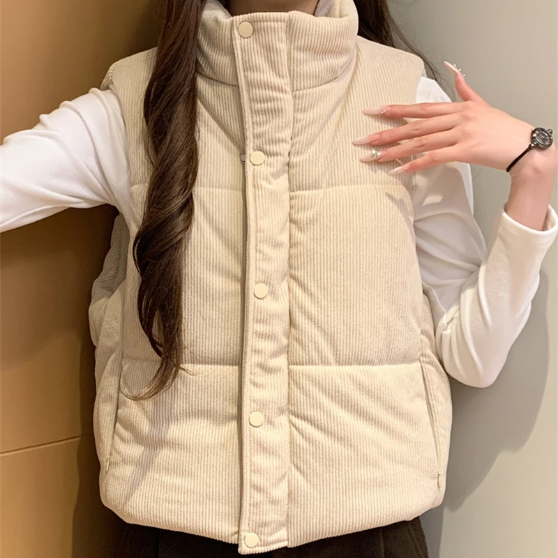 

Вельветовые стеганые куртки, осень 2022, жилет, пальто, свободные однотонные короткие женские жилеты, куртки без рукавов с воротником-стойкой, зимний жилет