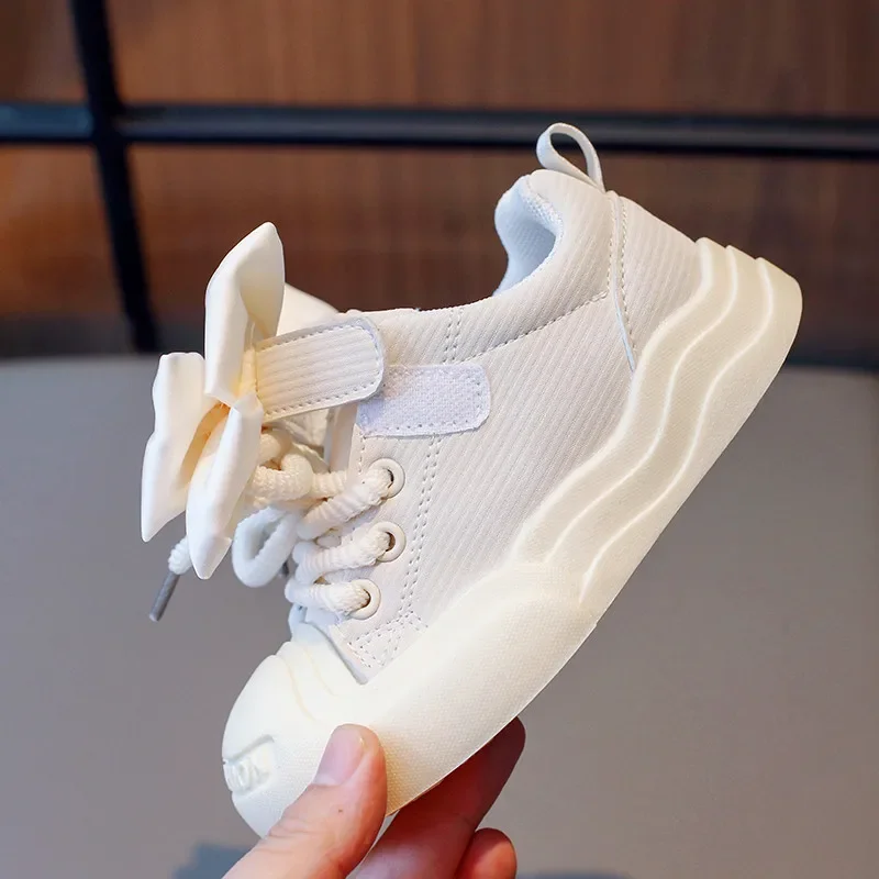 2023 Autumn Children Shoes Girls Princess Shoe Big Bowtie Kid Sneakers Woven Hook Loop Casual Sport Lace Up Trainers Pink 26-36