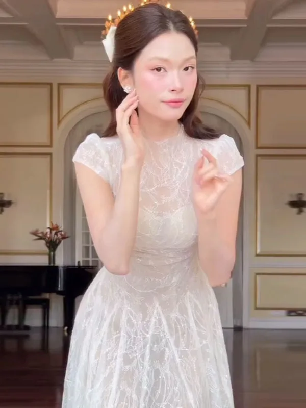 

Elegant Short Sleeve Lace Embroidery Slim Fit Long Dress French Style High Waist Gauze Fiber No Stretch A-Line Skirt Zipper Back