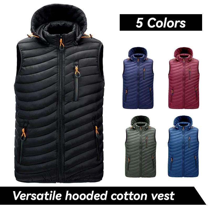 

Men Autumn Winter Warm Quilted Wasitcoats Outdoor Windproof Hooded Vest Solid Color Winter Lightweight Sleeveless Jackets