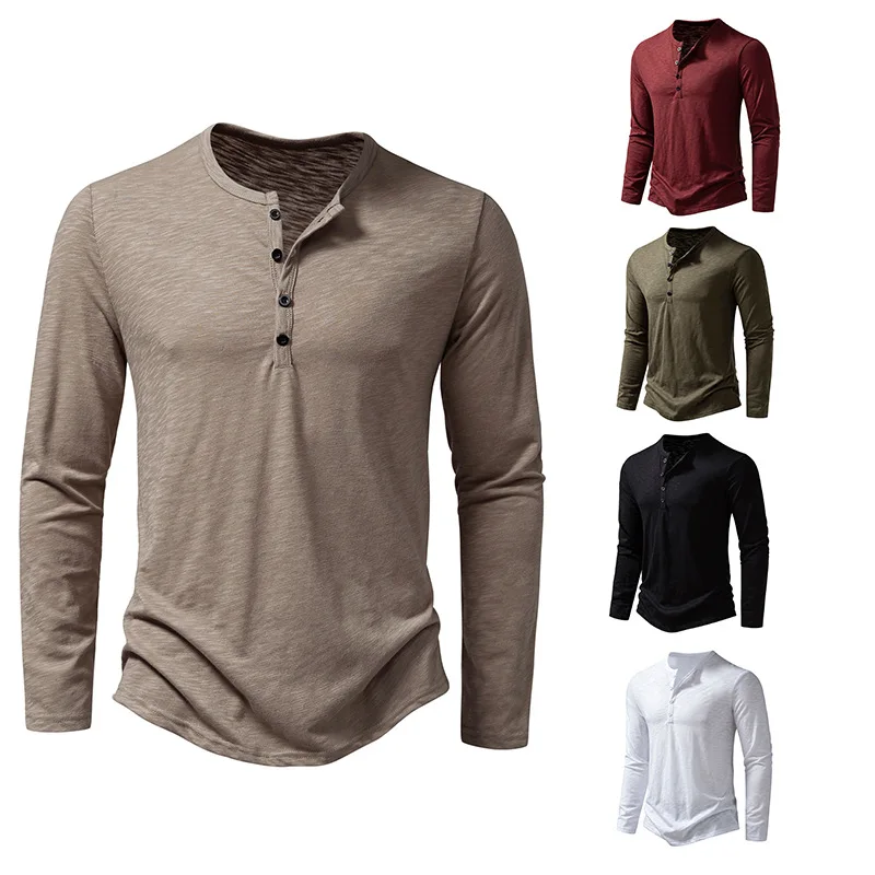 

2024 New High Quality Autumn/winter Men's Long Sleeve T-shirt Bamboo Cotton Henley Collar Fashion Long Sleeve T-shirt For Men