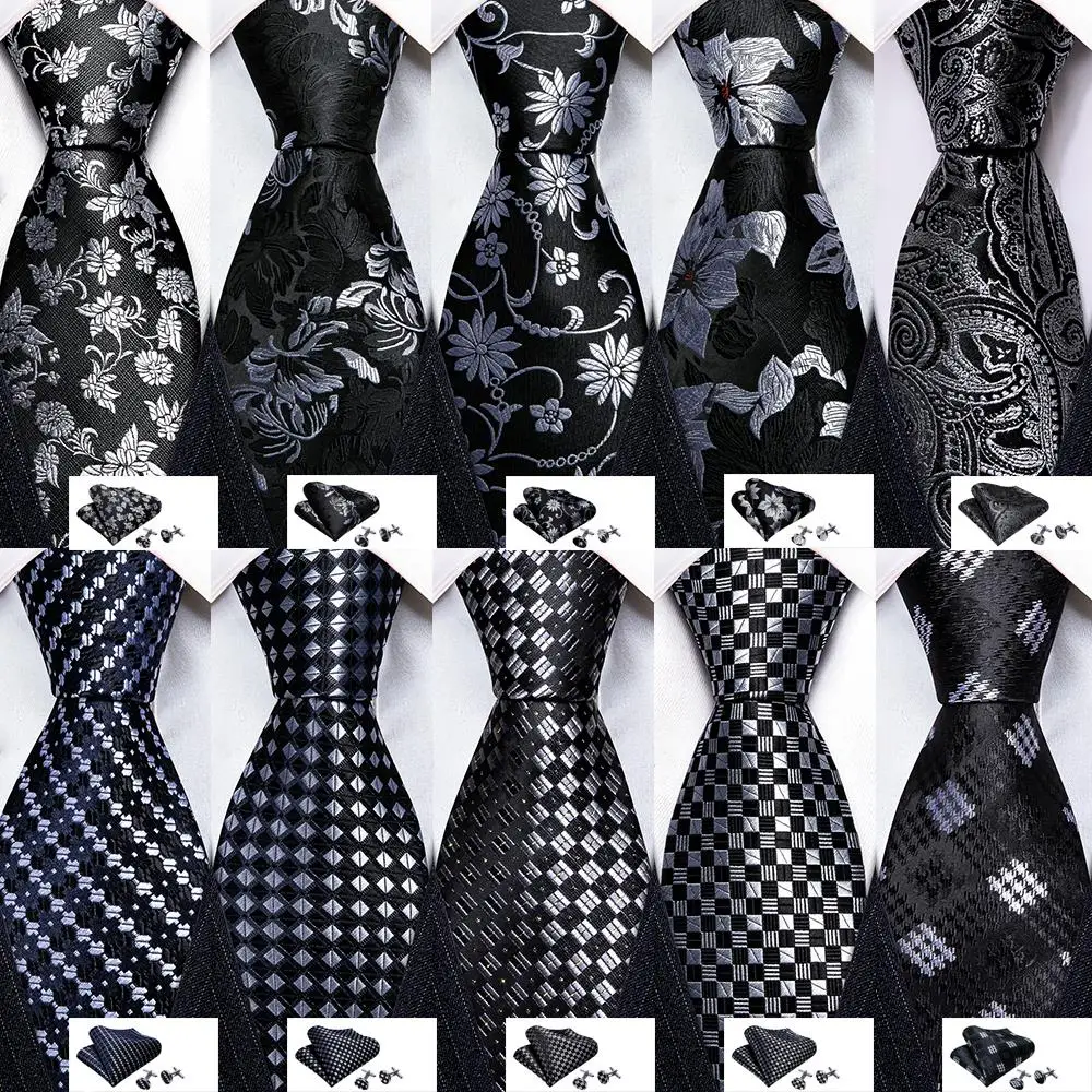 Designer Ties for Men Black Silver Gray Solid Paisley Striped Plaid Floral Neck Tie Pocket Square Cufflinks Set Barry·Wang