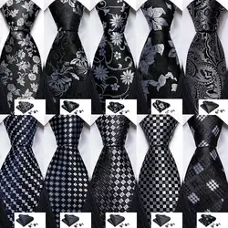 Designer Ties for Men Black Silver Gray Solid Paisley Striped Plaid Floral Neck Tie Pocket Square Cufflinks Set Barry·Wang