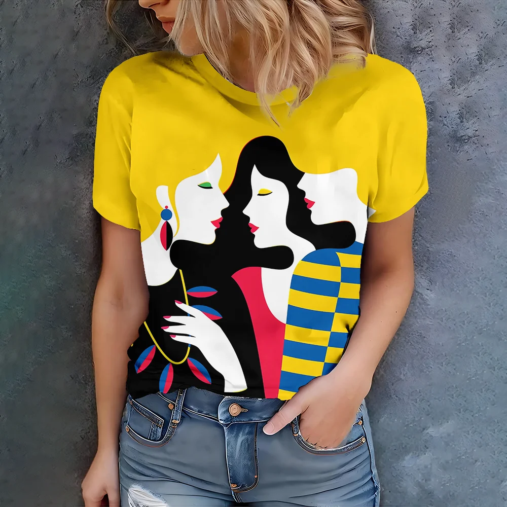 

Women's Yellow T-Shirt With Abstract Faces Design Casual Summer Style Round Neck Short Sleeve Top For Daily Wear
