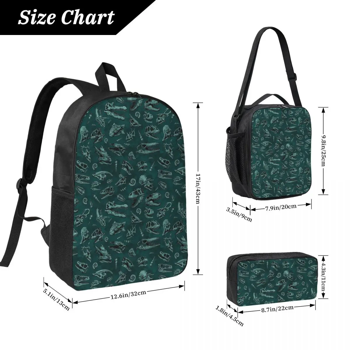 Dinosaur Skull Sketch Tiled Pattern Green Backpack BookBag School Bag Laptop Shoulder Bags 3ps Insulated Lunch Bag Pencil Case