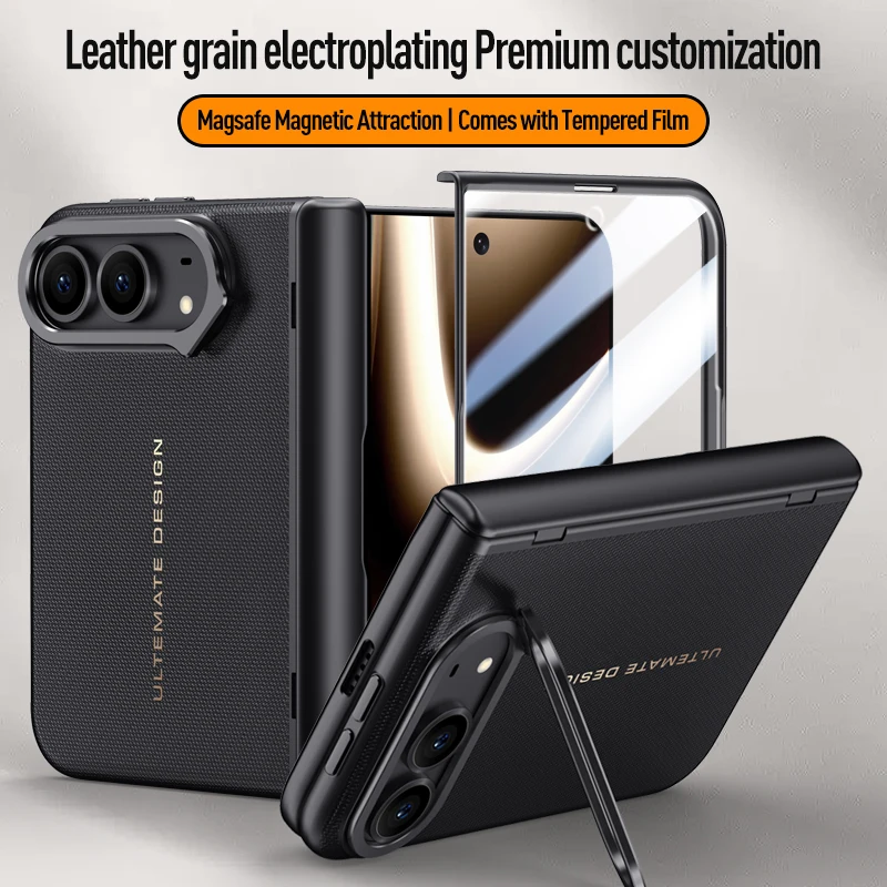For iPhone Duo 5G Case Matte Leather Magnetic Wireless Charging Hinge Lens Holder With Tempered Film Shockproof Protection Cover