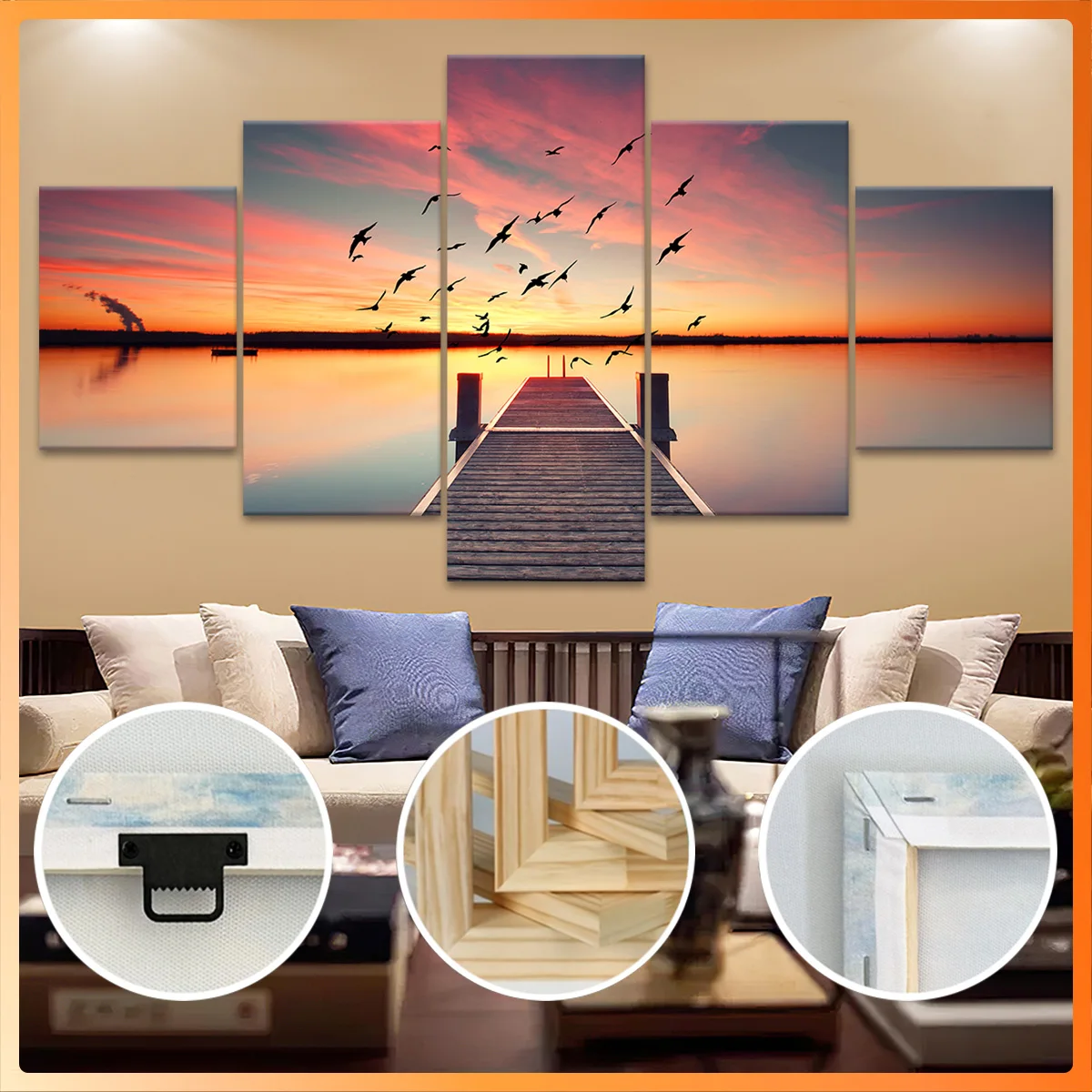

5pcs Wooden Framed Canvas, Sunset Lake with Soaring Birds, Fashion Poster, Art for Home Decoration, Pattern Wall Art