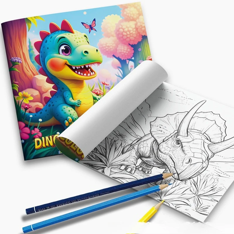 Dinosaur Coloring Book Cute Cartoon Dino Forest Floral Kids Stress Relief Drawing Book