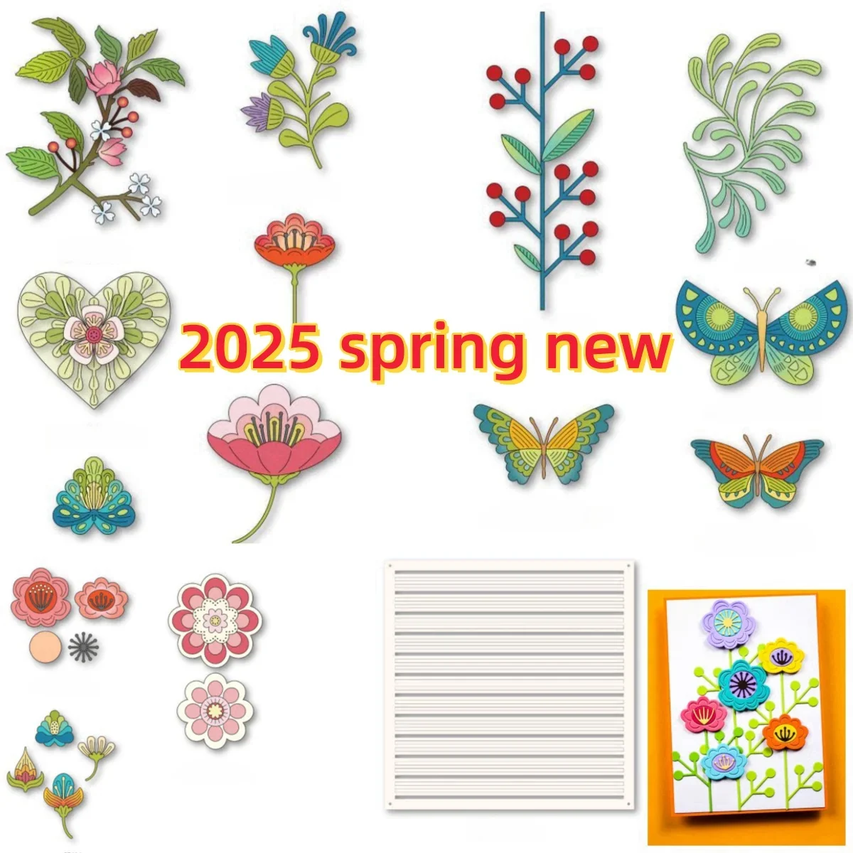 

Butterfly Flowers Branch Berries Metal Cutting Dies Linear Stripes Stencil DIY Making Card Scrapbook Craft Template 2025 Spring