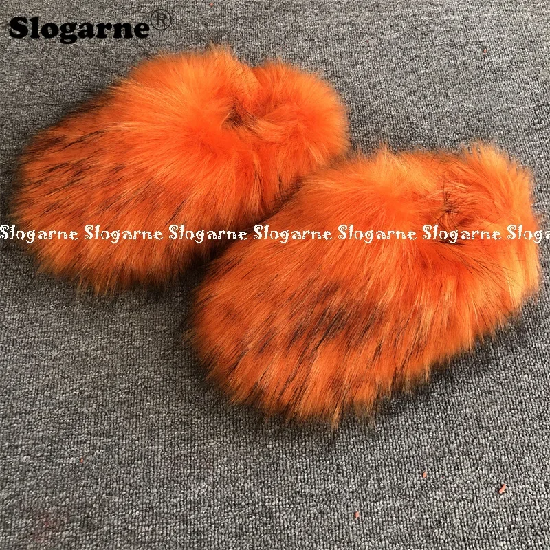 New Winter Faux Raccoon Dog Fur Slippers Women 2024 Warm Luxury Furry Faux Fur Slippers Gril Home Cotton Shoes Indoor Fur Slides