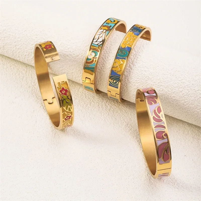 Trendy Stainless Steel Ethnic Flower Bracelet for Women Charm Colorful Enamel Wrist Waterproof Bangles Bracelets Jewelry