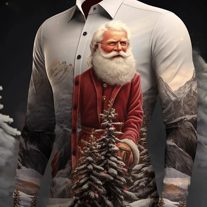 Daily Wear Going Out Fall Winter Turndown Long Sleeve  Stretch Fabric Comfortable Shirt Santa Claus Pattern Casual Men'S Shirt