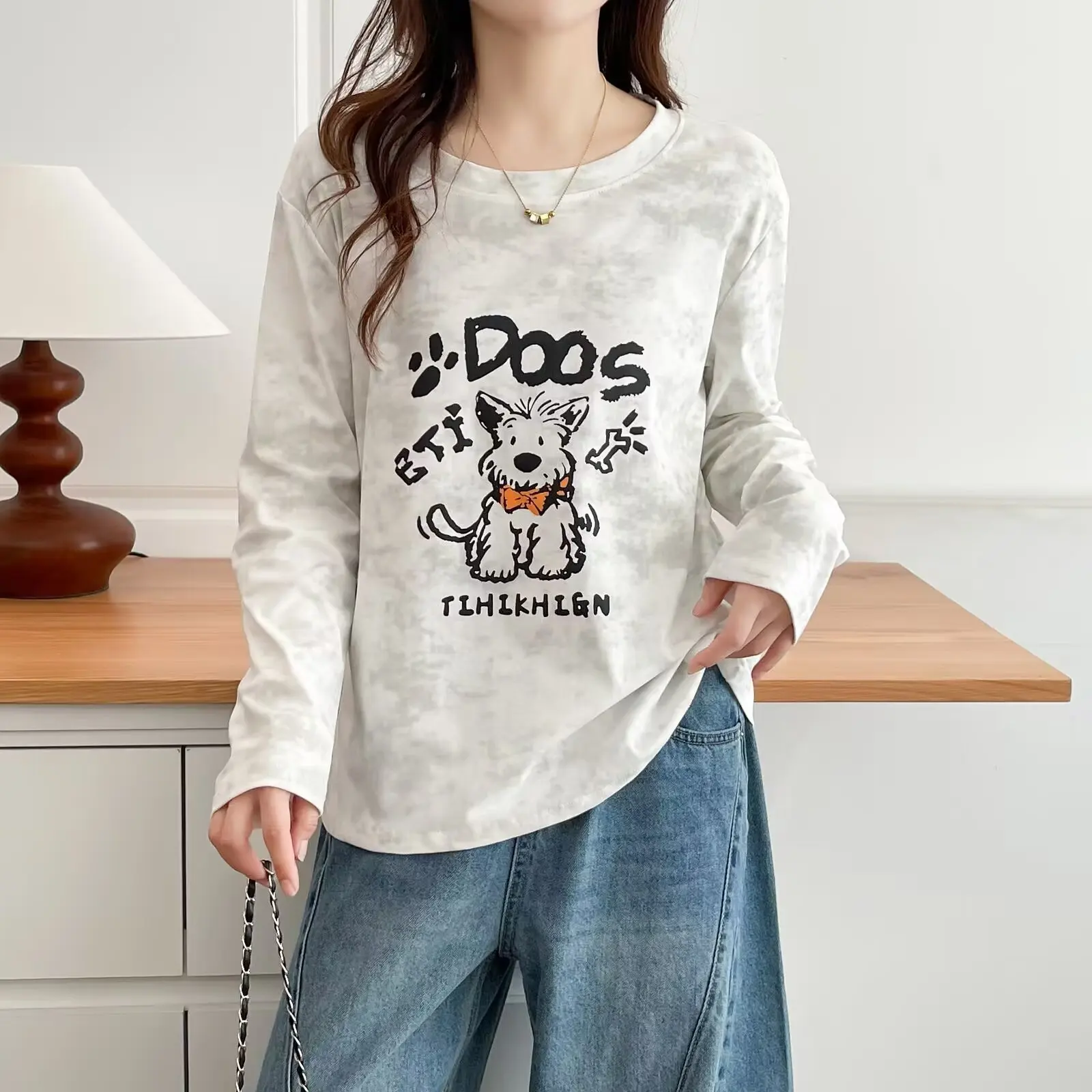 

Fashion Plus Size Women's T-Shirt Autumn Long Sleeve Stylish Waist Fold Printed Cartoon Casual Tops 2537