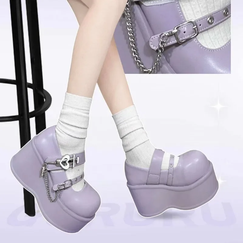 New Sweet Heart Buckle Wedges Mary Janes Women PinkBlue Purple Platform Lolita Ladies Punk Gothic Cosplay Girls Shoes