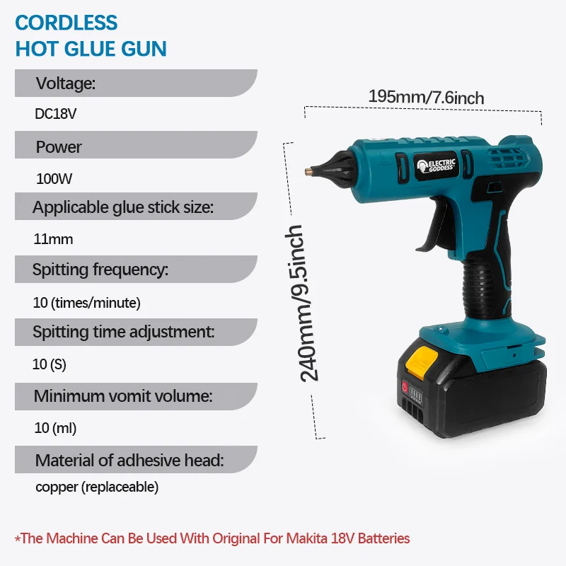 EGOD 100W Cordless Hot Melt Glue Gun Lithium Battery Multifunction DIY Glue Gun with 11MM Glue Stick for Makita 18V Battery