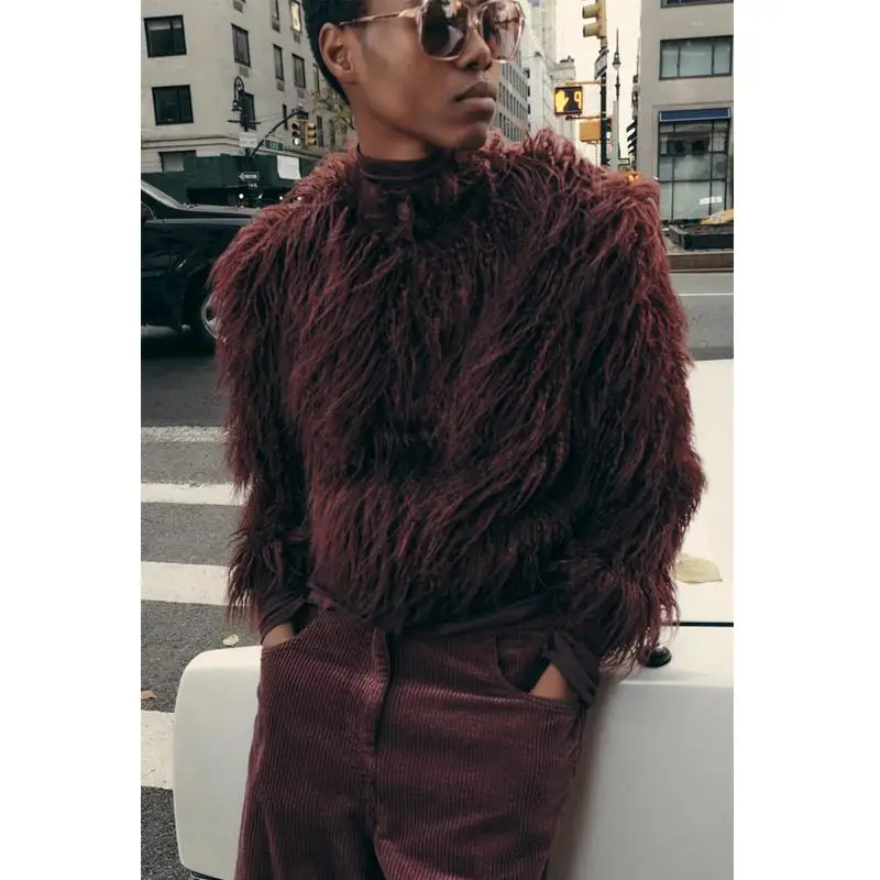 Autumn Winter New Women's round Ne Long Sve Single Button Artificial Fur Effect Knitted Jaet Straight Cut ort Length