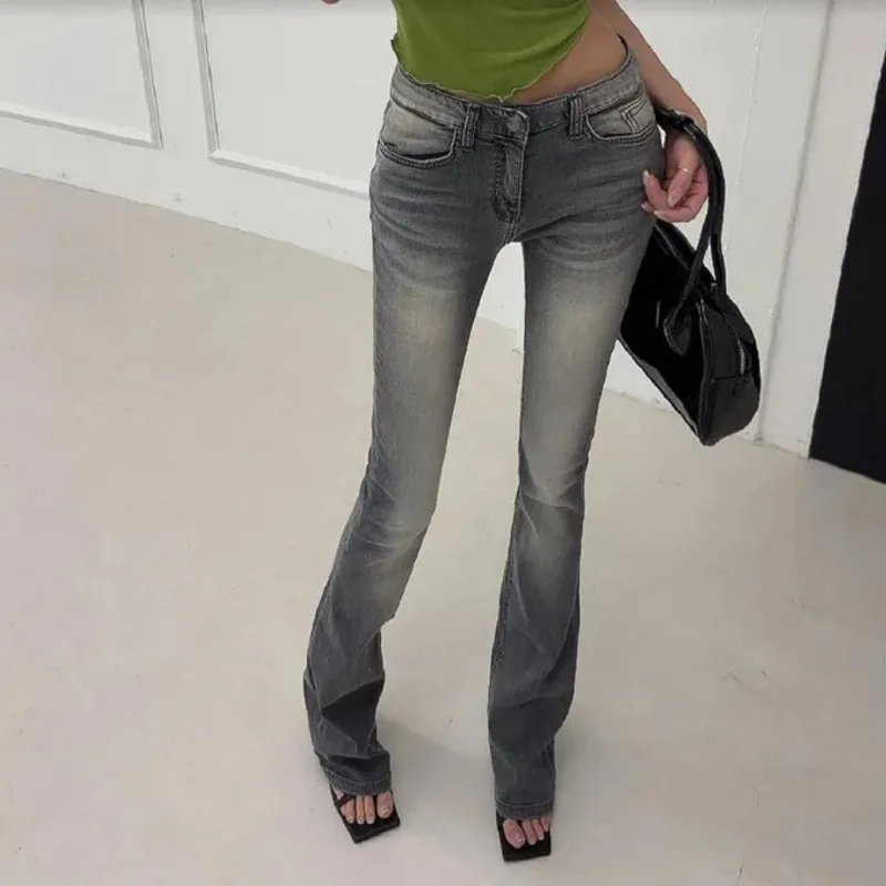 Light Gray Chic Flare Pants Women Korean Fashion Streetwear Stretch Denim Pants Lady Ankle-length Elegant Elastic Jeans Mom