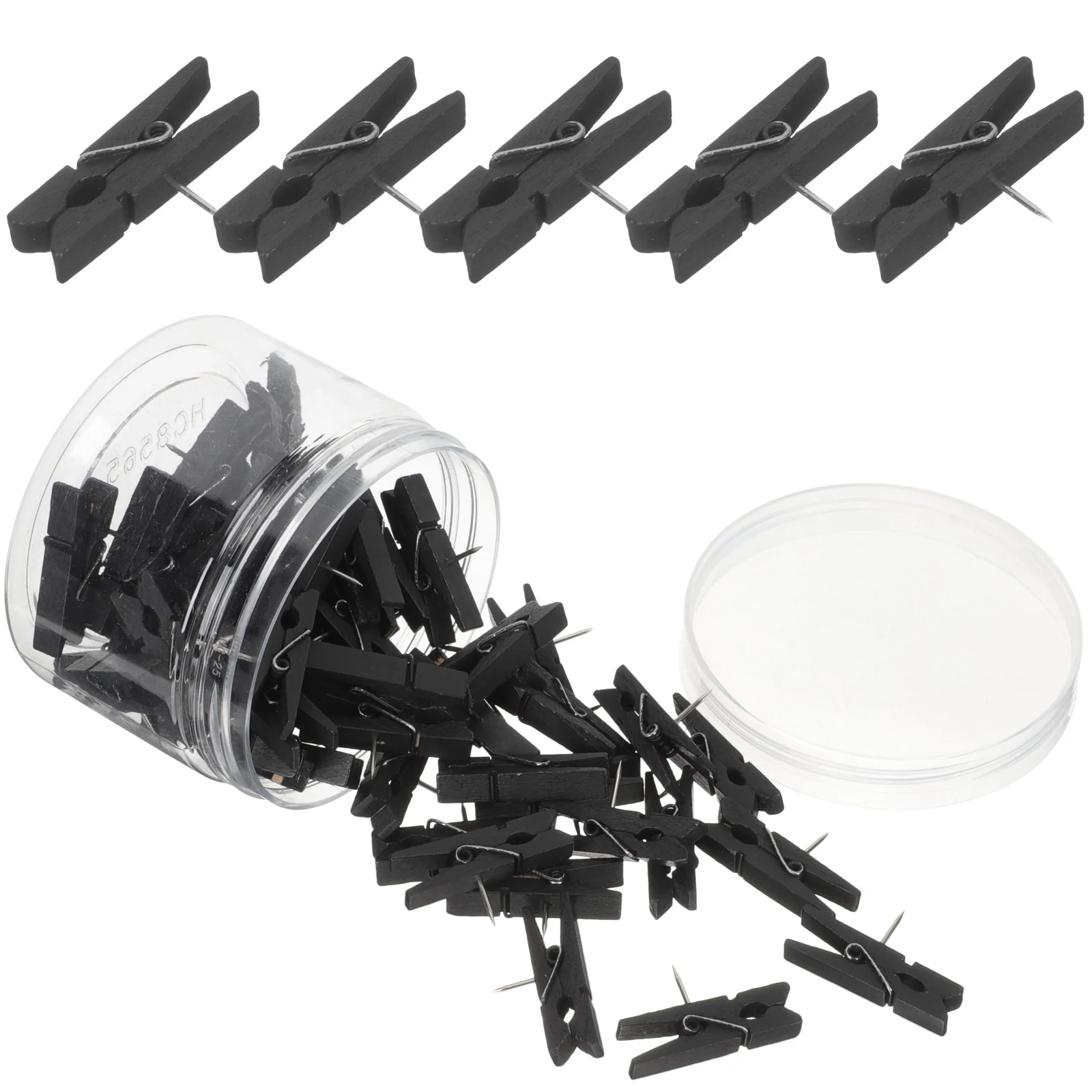 50 Pcs Thumbtack Clip Tacks Wooden Multifunction Picture Push Pins with Clips Multipurpose Pushpin Black