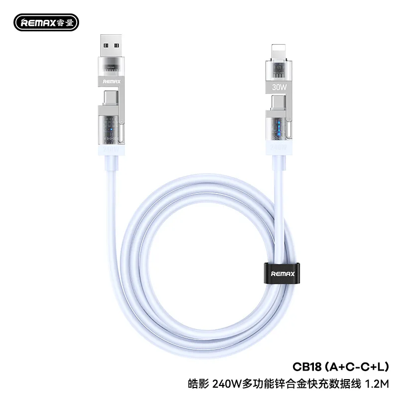 REMAX CB18 4‑in‑1 Multi‑Functional Charging Data Cable Zinc Alloy With Rhythm Running LED Light 1.2M