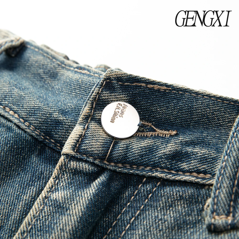 هاي ستريت الرجال مستقيم الساق الجينز ركاب خمر نمط غسلها والمتعثرة الطابق طول الجينز أربعة مواسم بناطيل كاجوال #5