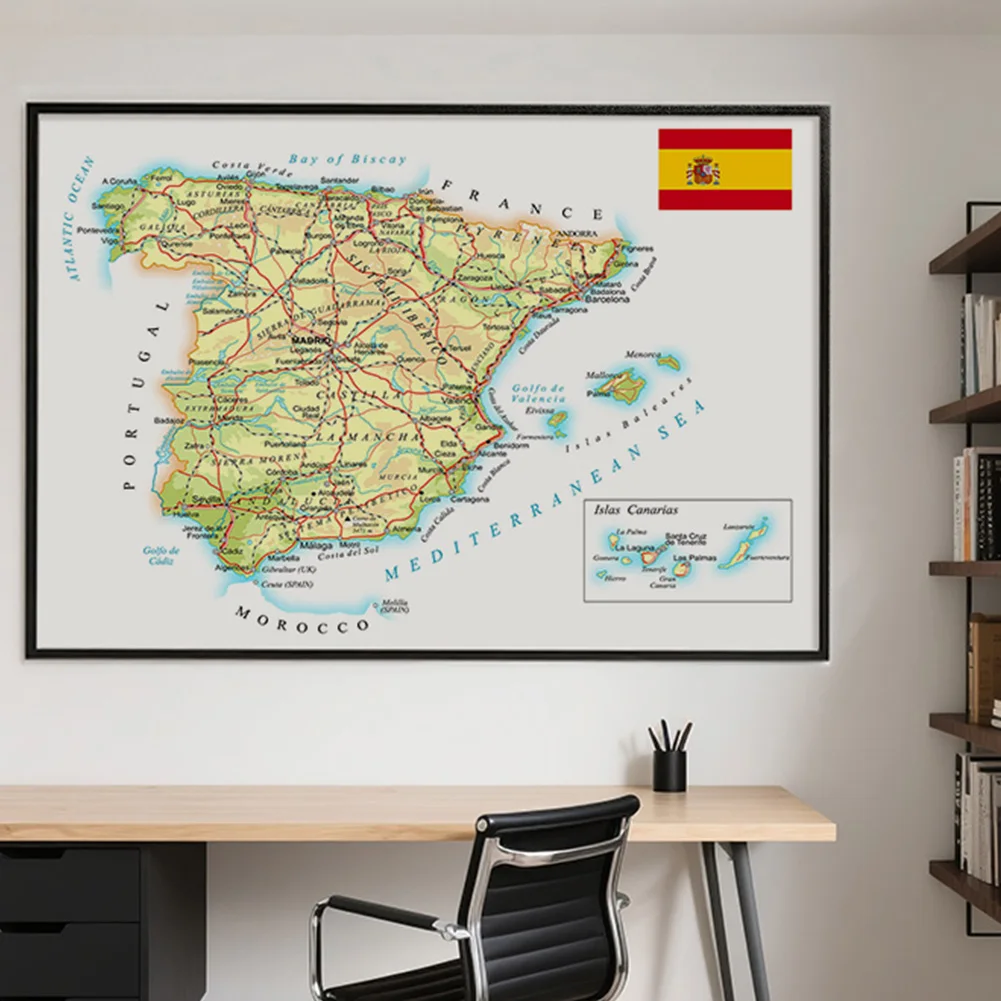 150×100cm-スペイン地図-ロード＆レールネットワーク-ポスター-絵画-装飾ギフト-リビングルーム-寝室-壁アート-壁画