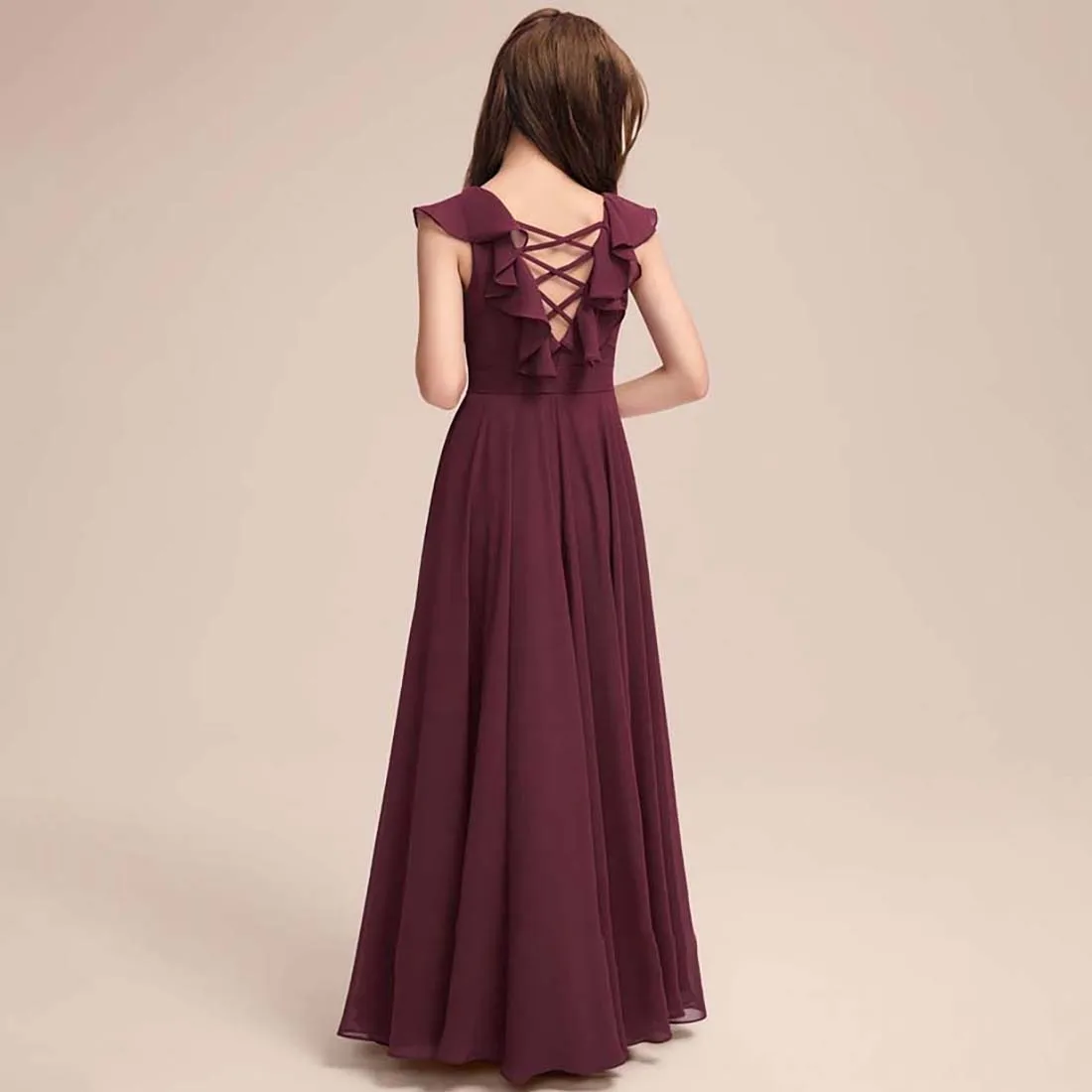 YZYManual-Chiffon Junior dama Dress, Cascading Ruffles, A-Line colher, até o chão, 2-15T