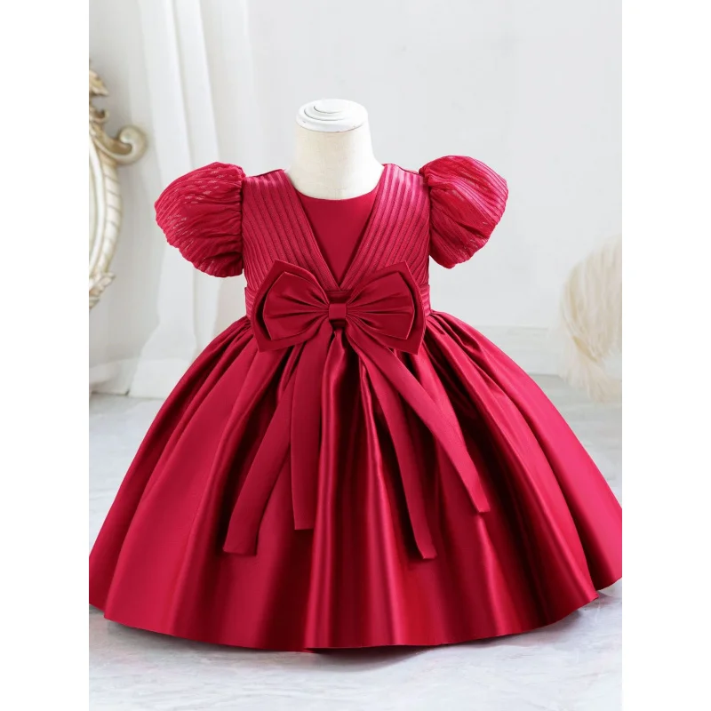 

2024New Children's Birthday Dress Children's Dress Year-Old Princess Dress Satin Bow Striped Exclusive for Cross-Border Now