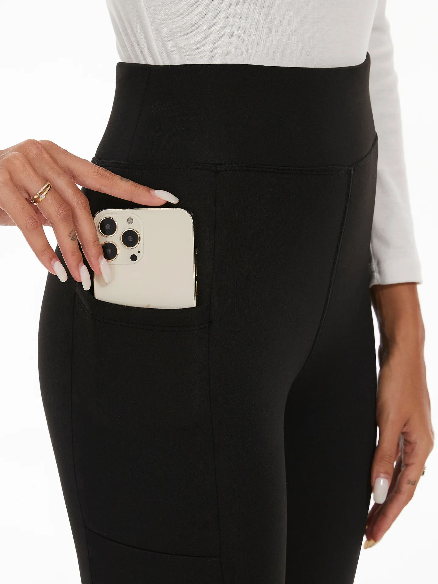 Winter Warm Fleece-Lined Thickened Leggings with Pockets Composite White Plush Pants for Outdoor Wear