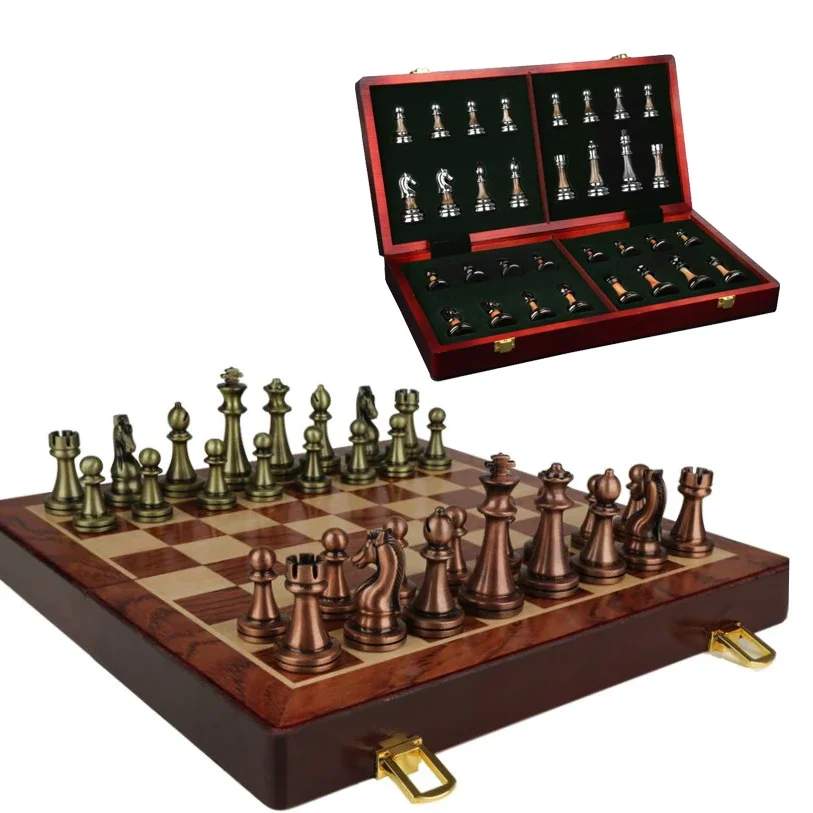 Luxury Magnetic Wooden Chess Sets Pure Copper Pieces Set Foldable Wooden Chess Set Board Handmade Portable