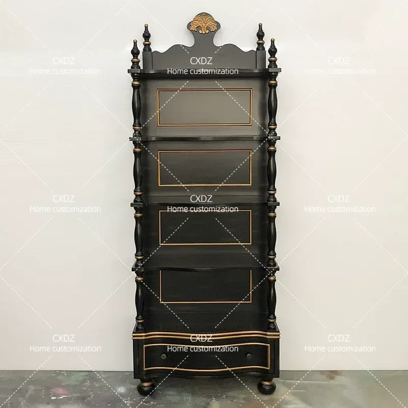Retro Multi Layer Floor Bookcase Living Room Red Wine Storage Display Cabinet Neoclassical Bookshelf