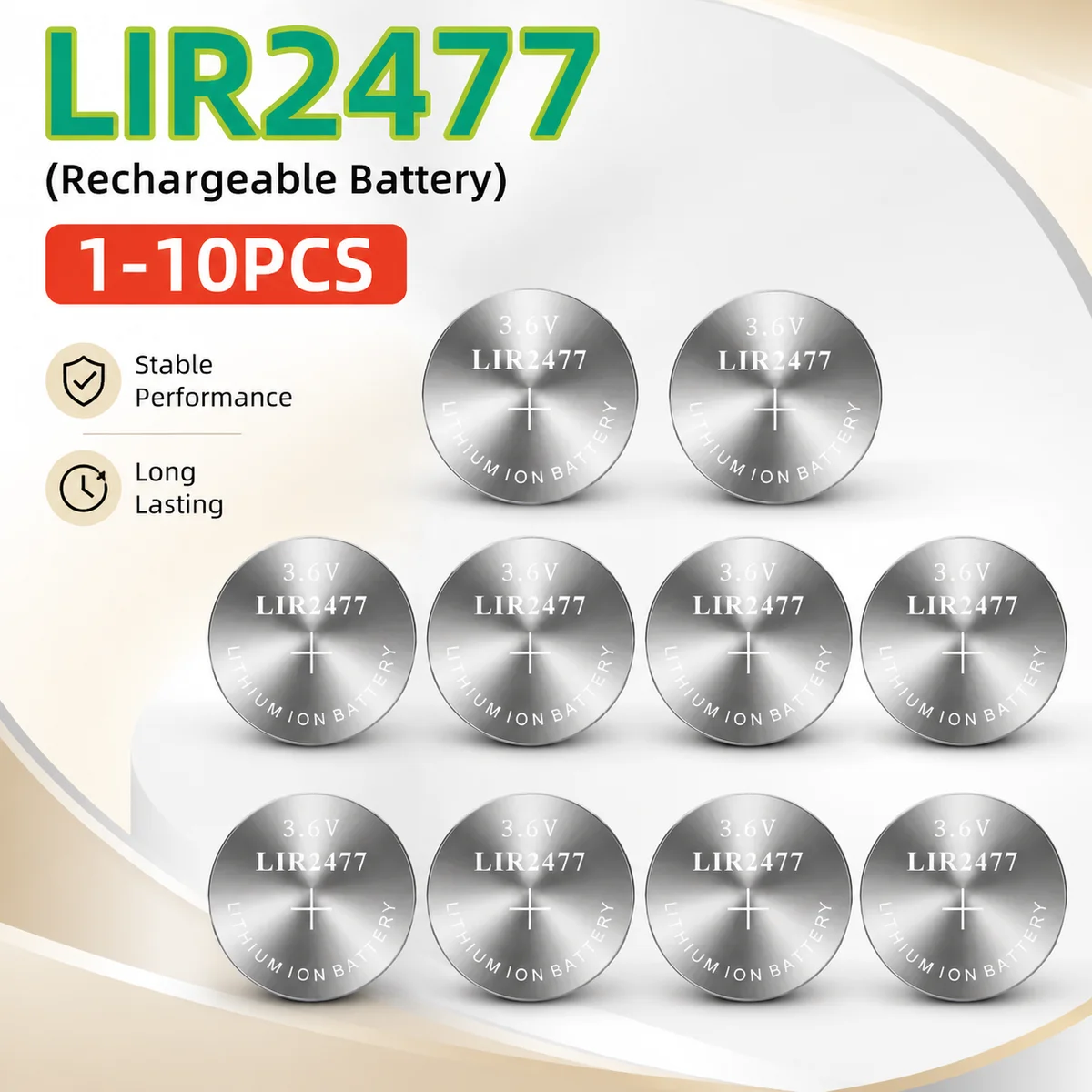 Rechargeable LIR2477 Lithium Coin Cell Battery 3.6V 200mAh 1-10PCS Replacement for Watch Calculator 2477 Button Cell