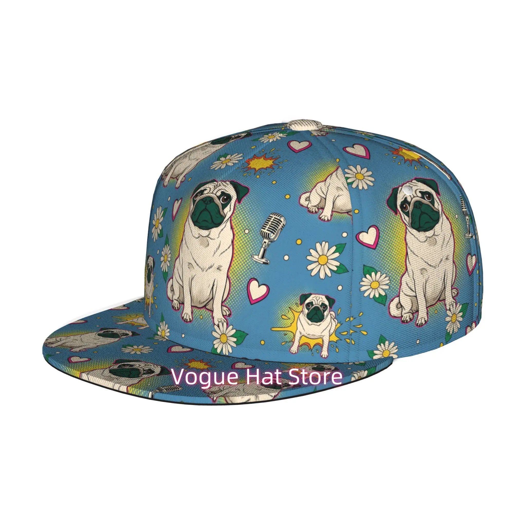 Men'S And Women'S Baseball Cap, Pop Art Pugs with Flowers Adjustable Snap-On Brim, Flat-Top Design - Suitable for Casual Outdoor