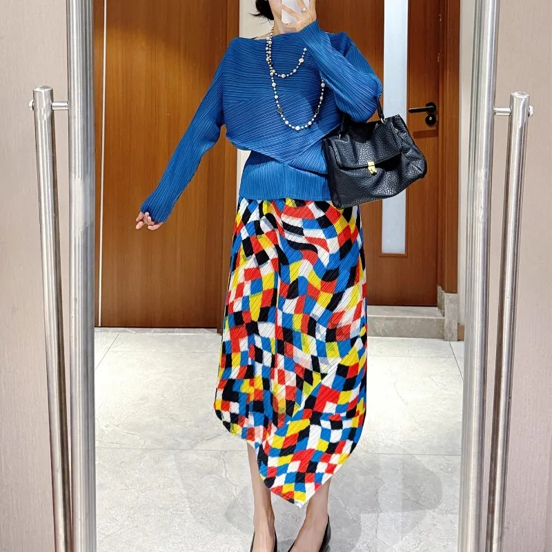 

Miyake, новый темпераментный нерегулярный плиссированный топ, клетчатая полуюбка с принтом, носимый комплект, простая эластичная одежда, легкая футболка