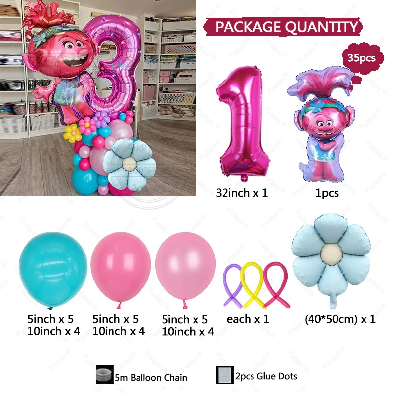 35pcs Cartoon Trolls Balloons Cartoon Character Themed Birthday Party Decoration Balloon Baby Shower Gender Reveal 2025 Gift