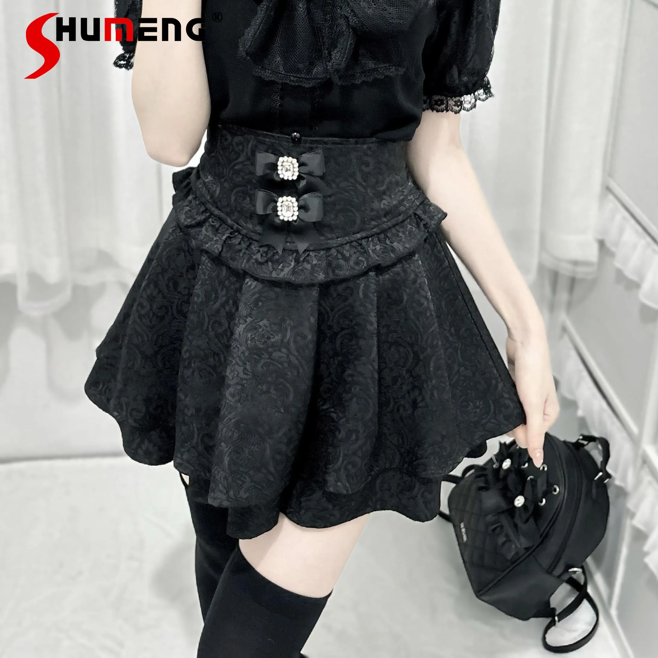 

Japanese Mine Style Mass-Produced High Waist Diamond Buckle Bow Vintage Dark Jacquard Double Layer Pleated Mini Skirt For Women