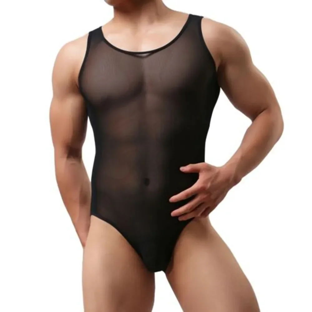 

Sexy Slim Men's Leotard Bodysuits Bulge Pouch Underwear Lingerie Elastic Sheer Mesh Man Sleeveless Jumpsuits