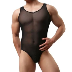Sexy Slim Men's Leotard Bodysuits Bulge Pouch Underwear Lingerie Elastic Sheer Mesh Man Sleeveless Jumpsuits