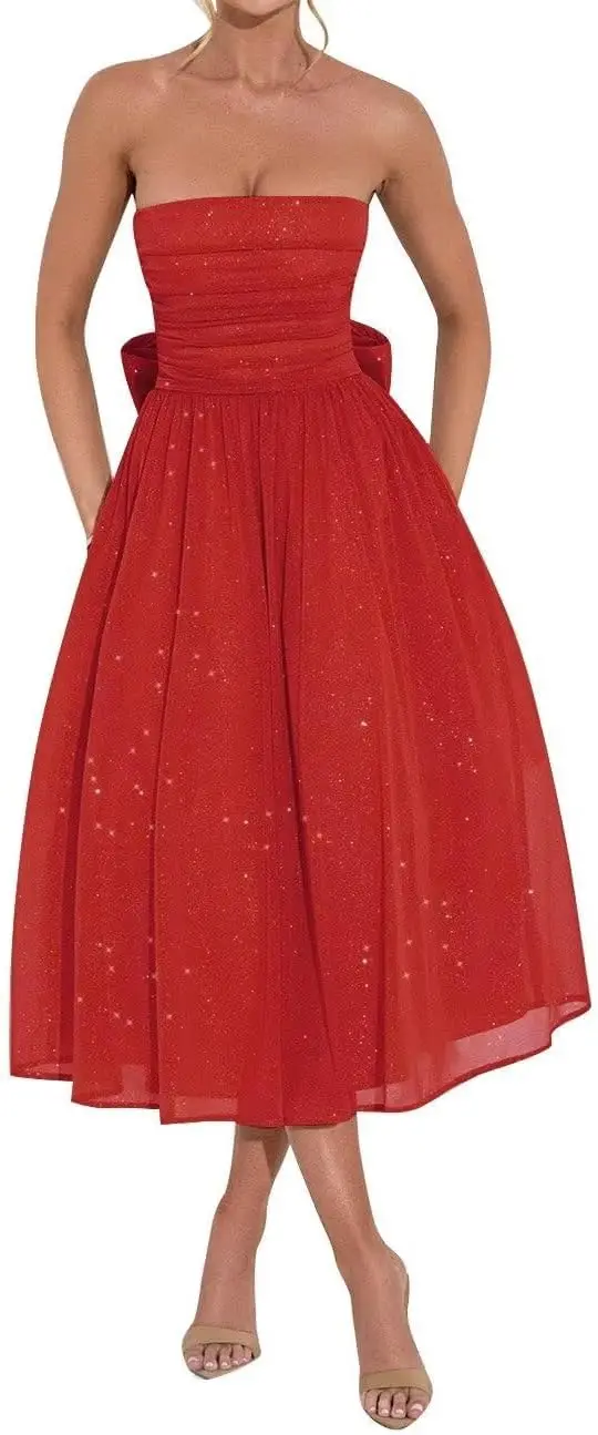 

Glitter Tulle Prom Dresses for Women Strapless Cocktail Party Gowns with Bow Tea Length Formal Dress with Pockets Evening Dress