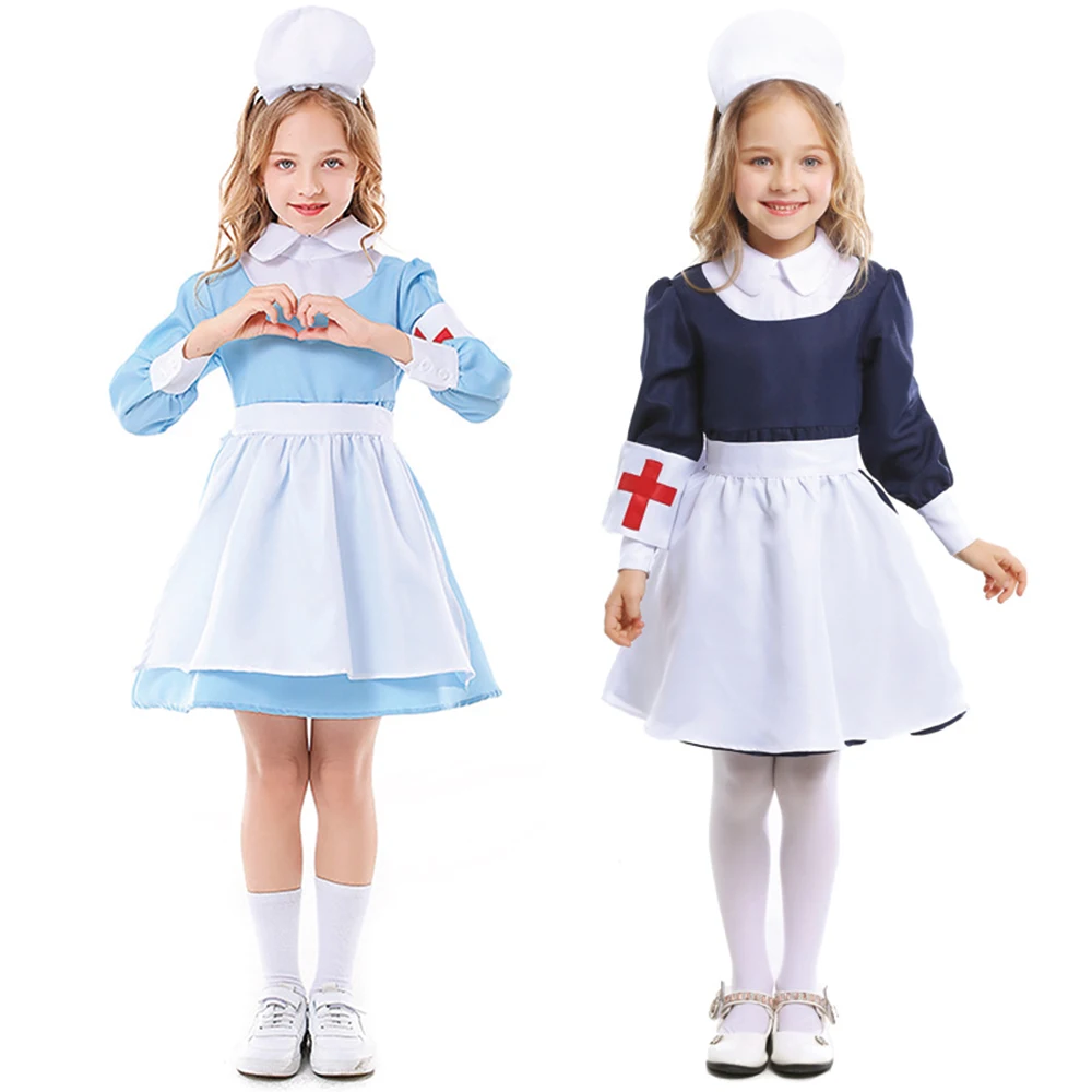 

Nurse Cosplay Costume for Children Apron Maid Nurse Uniform Girl Carnival Party Performance Costume Set Cute Halloween Dress