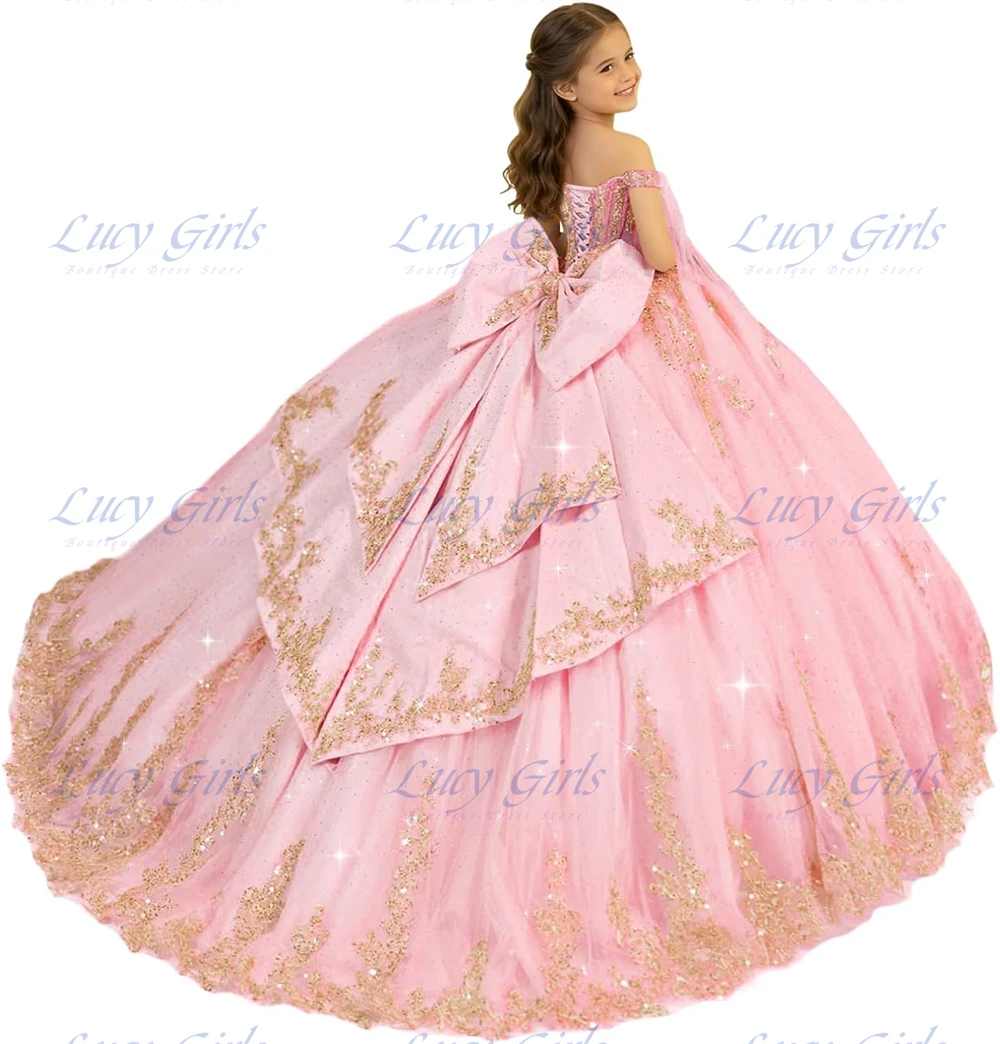 Champagne Sequin Applique Flower Girl Dress Gold Lace Pageant Dresses for Girls with Bow Off Shoulder First Communion Dresses image 6