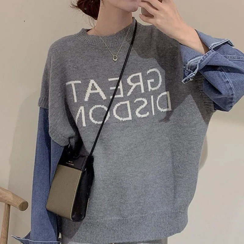 New Autumn Fashion Design Feel Lazy and Fake Two Piece Denim Panel Sweater Loose and Versatile Long Sleeve Women\'s Sweater