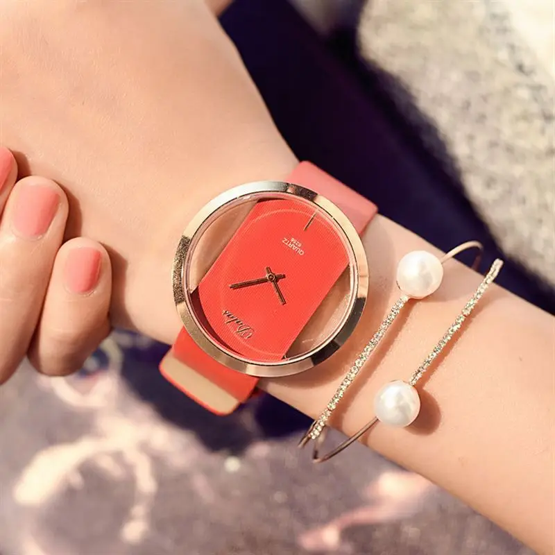 Fashion Hollow Dial Women Watches Simple Ladies Leather Band Quartz Watch with Hollow Large Dial Female Quartz Wristwatches