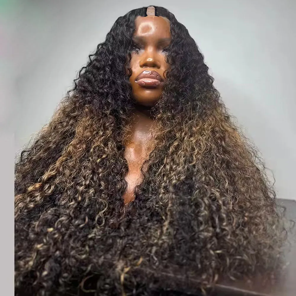 Klebefreie Highlight Braun-Blond Kinky Curly 100% Echthaar U-Part-Perücken für schwarze Frauen, 250% Dichte, 1x4 V-Part-Perücken mit Clips, Remy – Detail 1