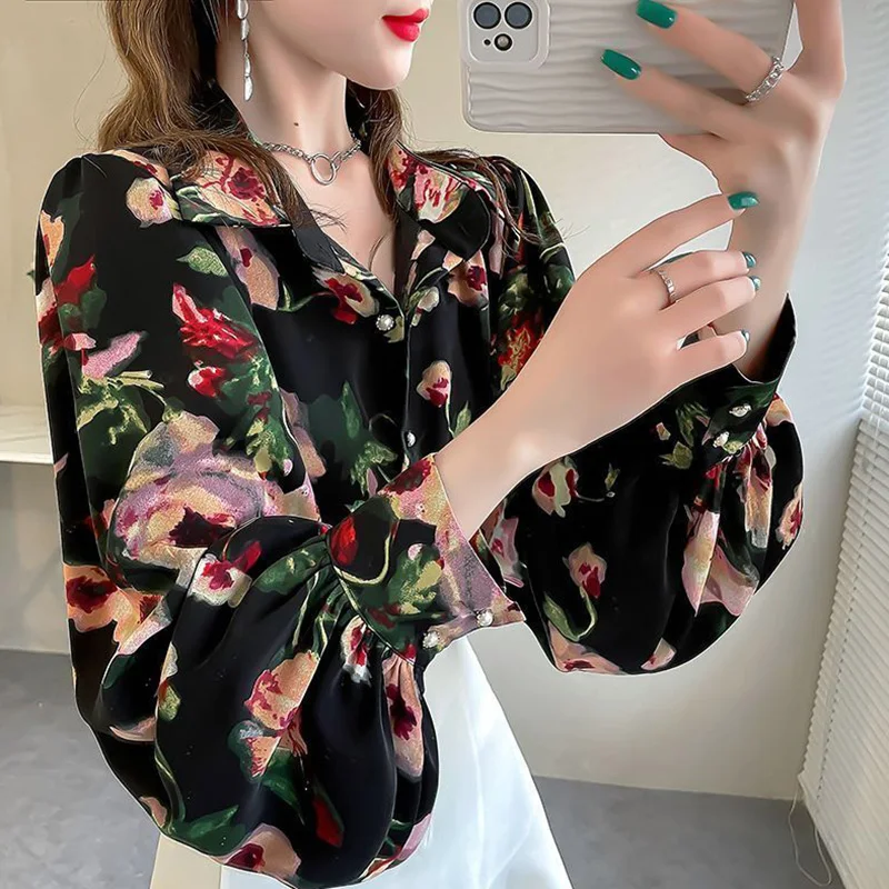 Elegant Lapel Loose Printed Lantern Sleeve Shirt Women\'s Clothing 2023 Spring Summer New Casual Tops Office Lady Chiffon Blouse